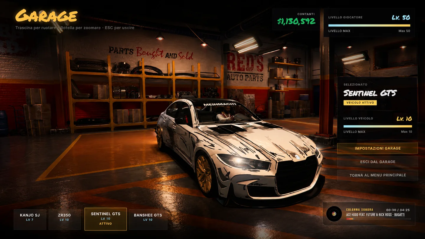 Una Sentinel GTS nel garage di StreetKings Italia, con l’interfaccia di selezione e gestione della vettura.