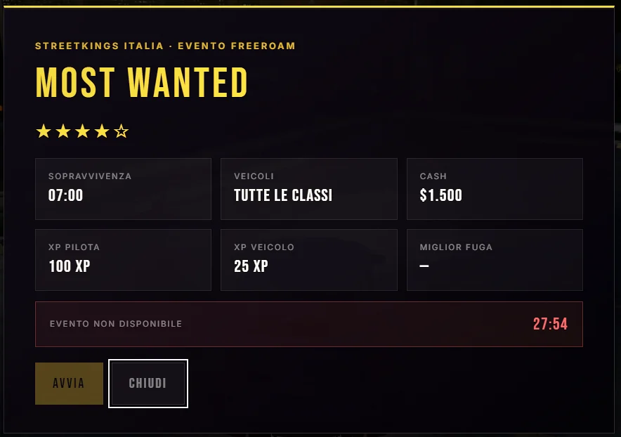 Schermata reale di avvio di un evento Hot Pursuit su StreetKings Italia, con difficoltà e condizioni della sfida.