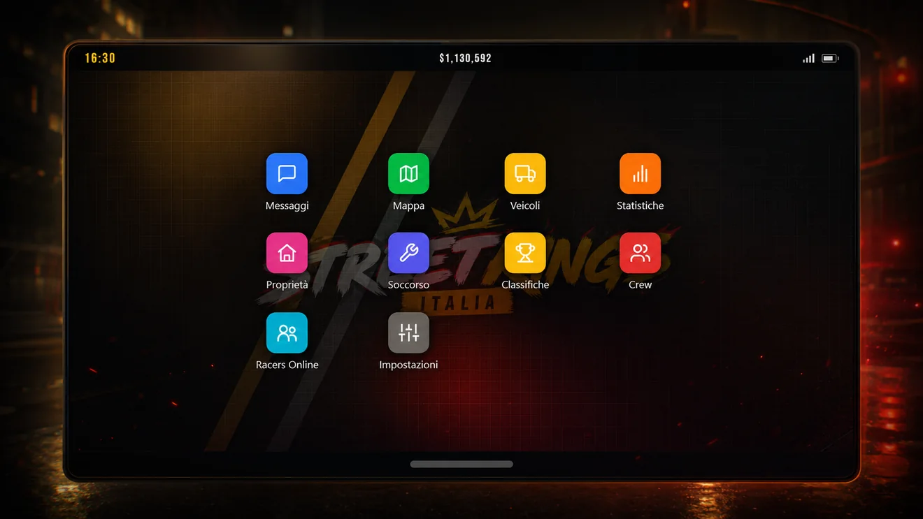 Il telefono di StreetKings Italia con le app principali come Messaggi, Mappa, Veicoli, Statistiche, Proprietà, Soccorso, Classifiche, Crew, Racers Online e Impostazioni.